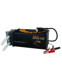 Front view of the Model 410 peristaltic pump showing tubing and power cord with alligator clips.