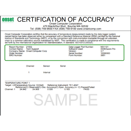 HOBO NIST Standard Temperature Point Certification