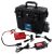 Front view of Alexis Peristaltic Pump with single pump head mounted in a pelican case, shown with the AC charger, power inverter, and quick disconnect plug with battery clips.