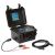 Component view of Pegasus Athena Peristaltic Pump showing the case-mounted pump, discharge tubing, and DC power adapters. 