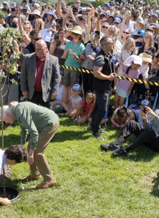 Justin Trudeau et Dre Jane Goodall plantent le 10 millionième arbre du reverdissement de Sudbury. — Photo : Philippe Mathieu