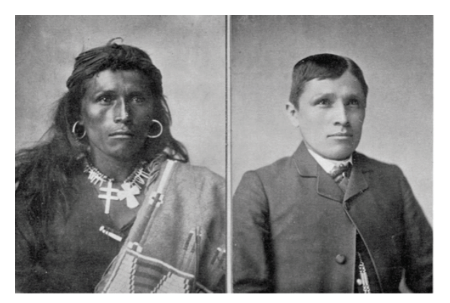 Tom Torlino - Navajo, “Tel qu’il est entré à l’école en 1882” et “Tel qu’il apparaît trois ans plus tard”, extrait de Souvenir of the Carlisle Indian School, 1902.   — Carlisle Indian School Digital Resource Center