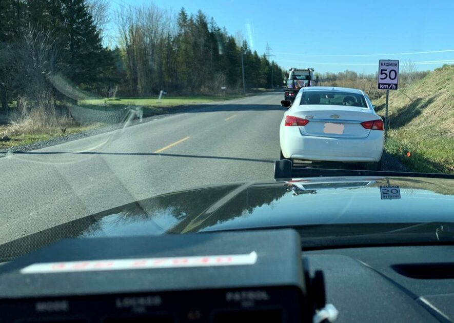 Just because traffic is still sparse on the roads in Ontario is no reason to treat them like a professional race track. One 17-year-old from Kenmore learned that lesson the hard way when he lost both his licence and his vehicle for seven days after Russell County OPP charged him with “stunt driving” on Eadie Road in the Village of Russell May 13. The young driver had his vehicle going 146 kilometres an hour in a posted 50kph zone. — photo taken from OPP Facebook page