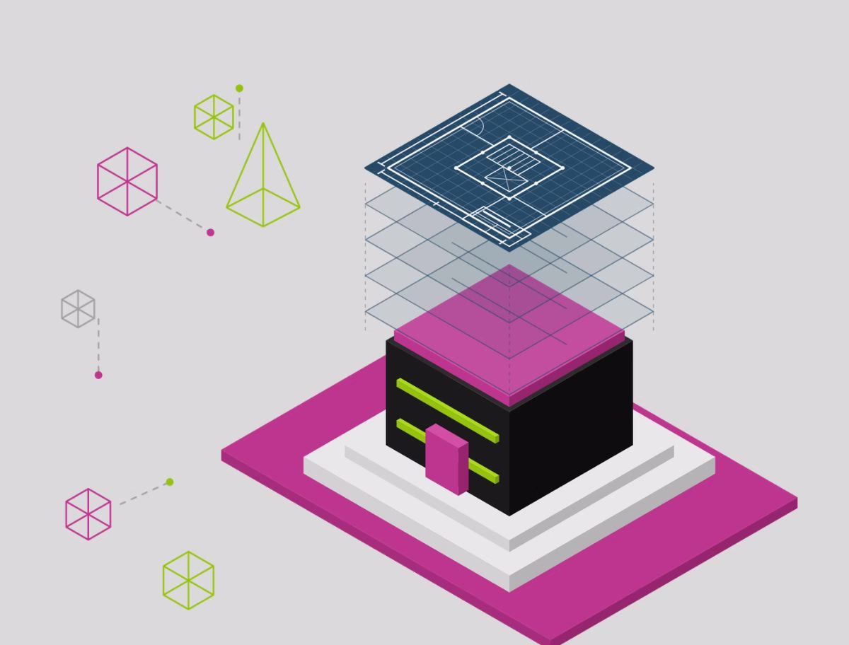 Illustration of a digital risk blueprint assembling into a modular process cube.