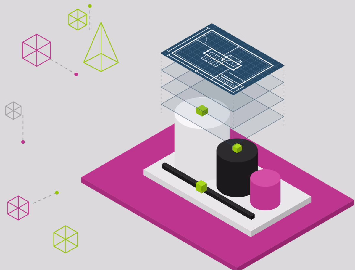 Blueprints_Commodities Illustration of a digital risk blueprint assembling into a modular process cube.