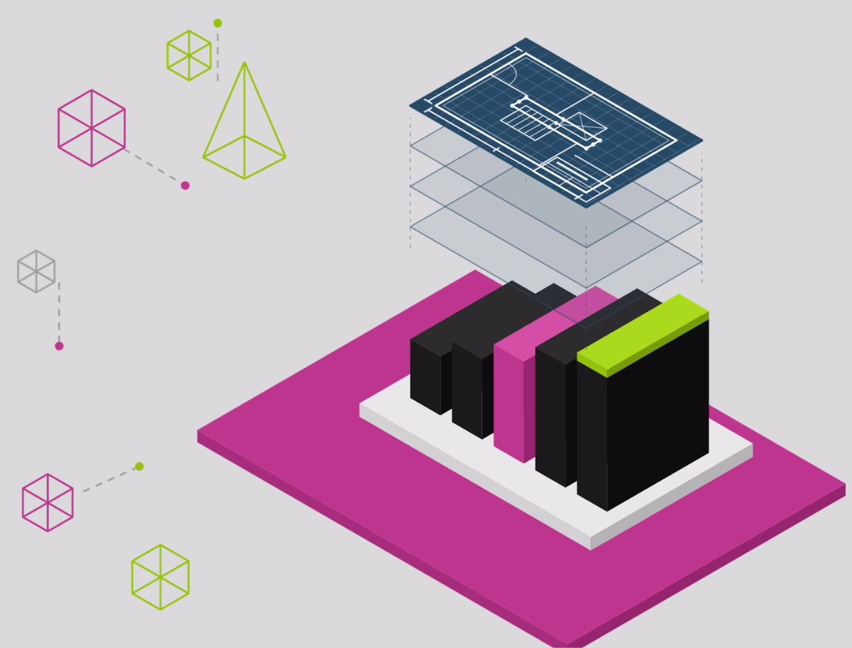 Blueprints_Asset Management Illustration of a digital risk blueprint assembling into a modular process cube.