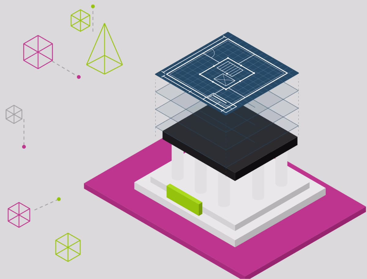 Illustration of a digital risk blueprint assembling into a modular process cube.