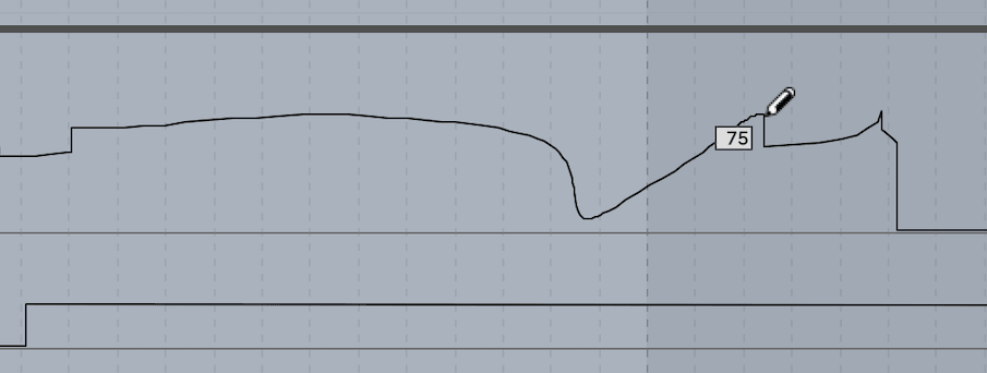 A volume automation curve drawn by hand over a track, with the value readout showing the level at the cursor