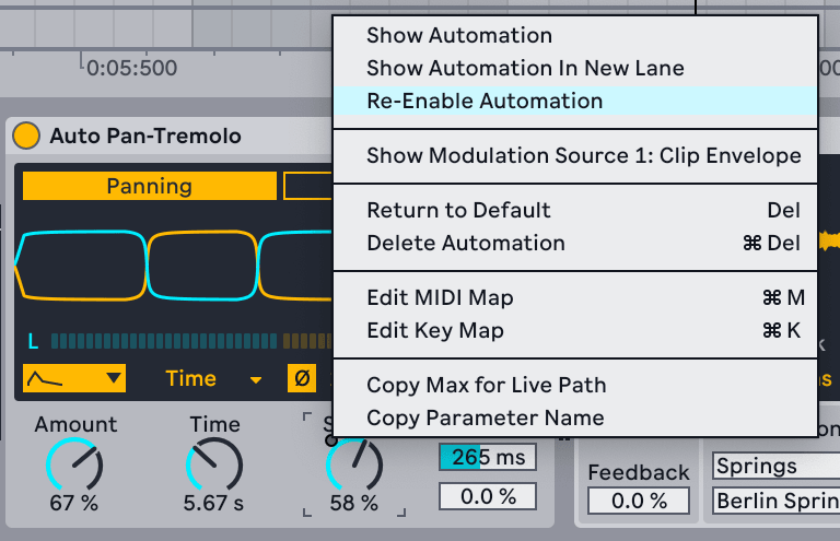 A device parameter's automation menu - show the lane, delete the automation, or re-enable it after an override
