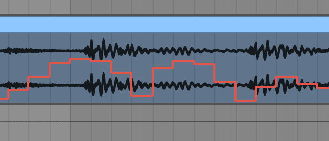 Stepped automation drawn over an audio waveform, holding a value through one section and jumping at the boundary