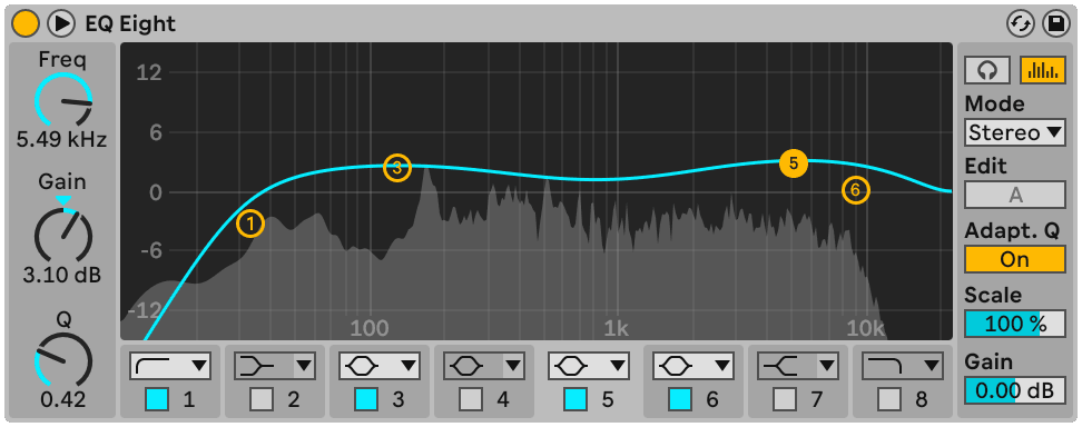 An EQ with its processing mode set per-channel, so a band can be applied to the mid or the side signal on its own