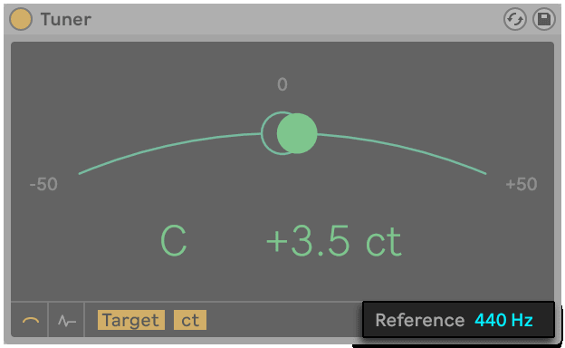 A tuner showing a note's pitch in cents against its target - the same measurement pitch correction works from