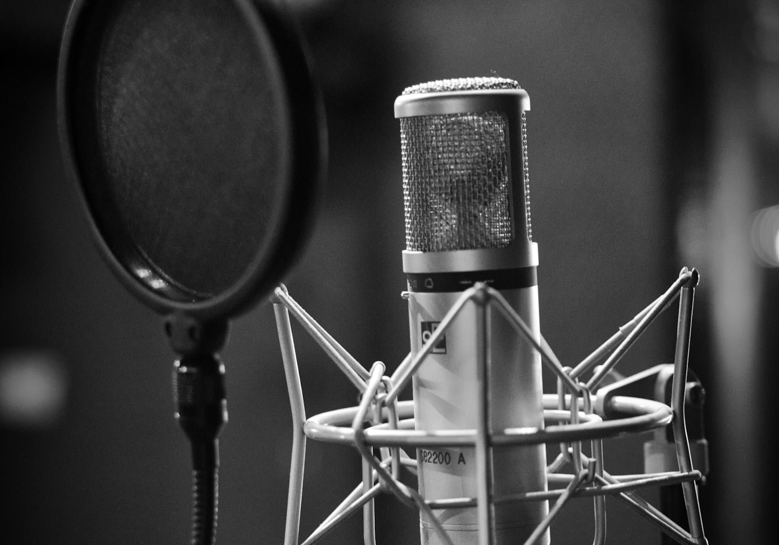 A large-diaphragm condenser microphone in a shock mount behind a pop shield