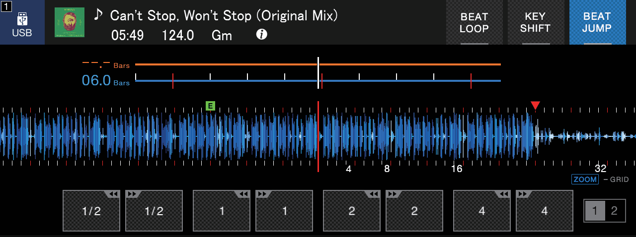 The CDJ-3000 beat jump screen with jump lengths in beats