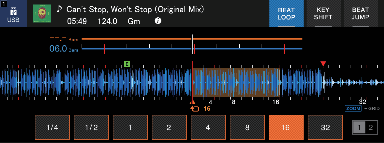 The CDJ-3000 beat loop screen, with lengths from a quarter beat to 32 beats and 16 selected