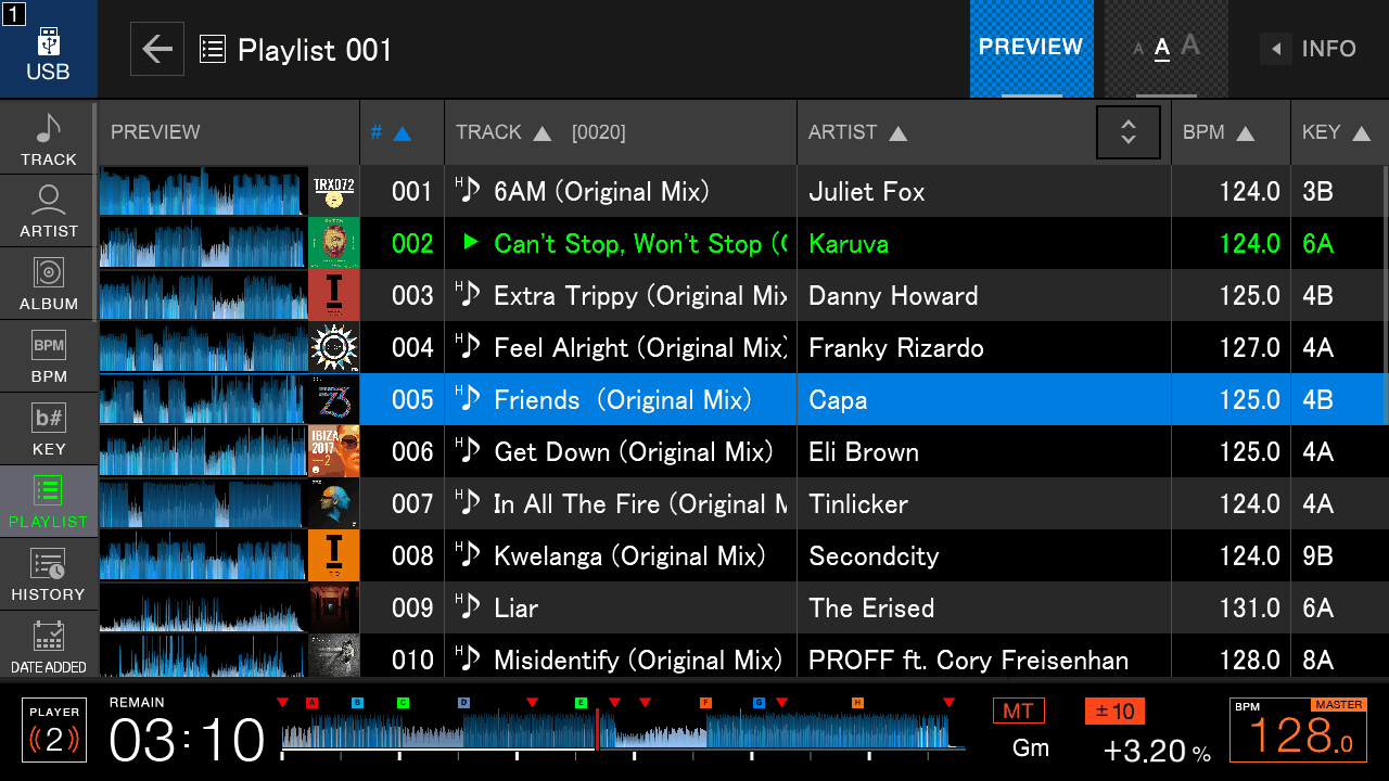 A playlist on the CDJ-3000 screen with BPM and key columns