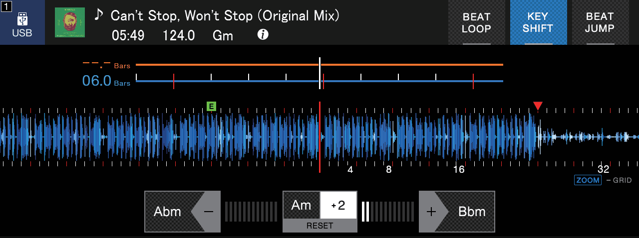 The CDJ-3000 key shift screen, moving from Am to Bbm