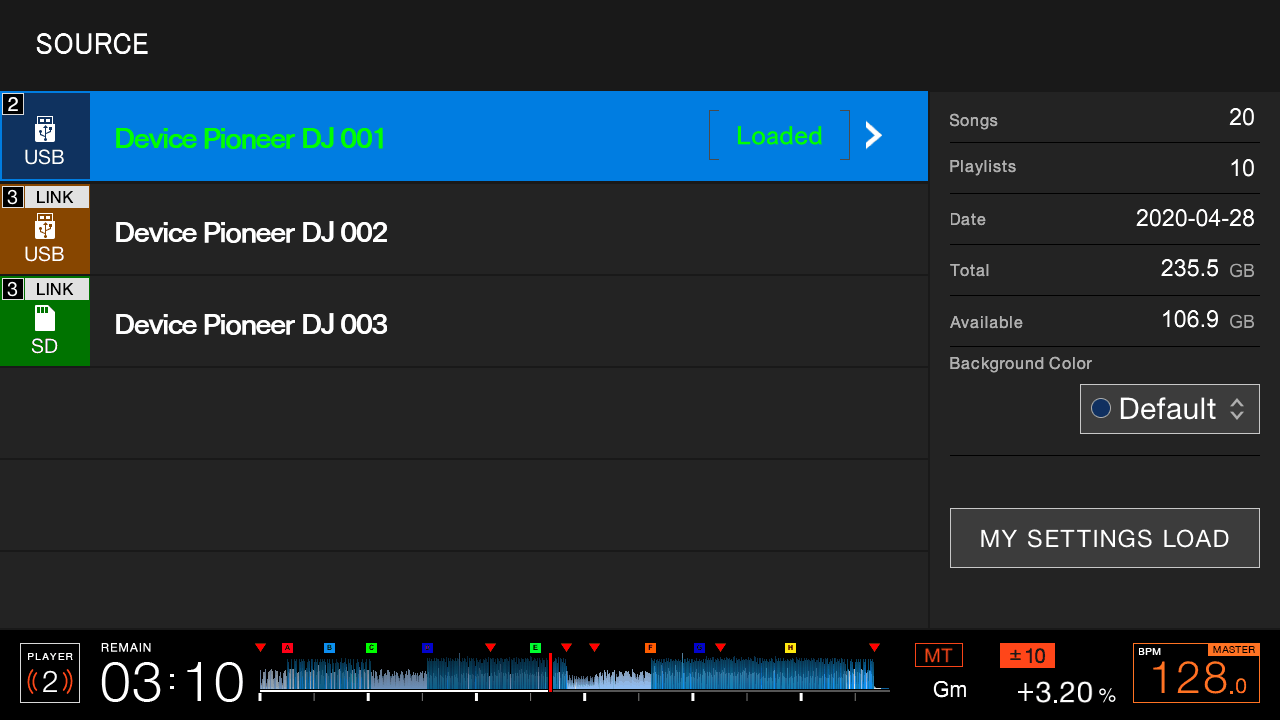 The CDJ-3000 SOURCE screen listing a USB on this player and two more over LINK