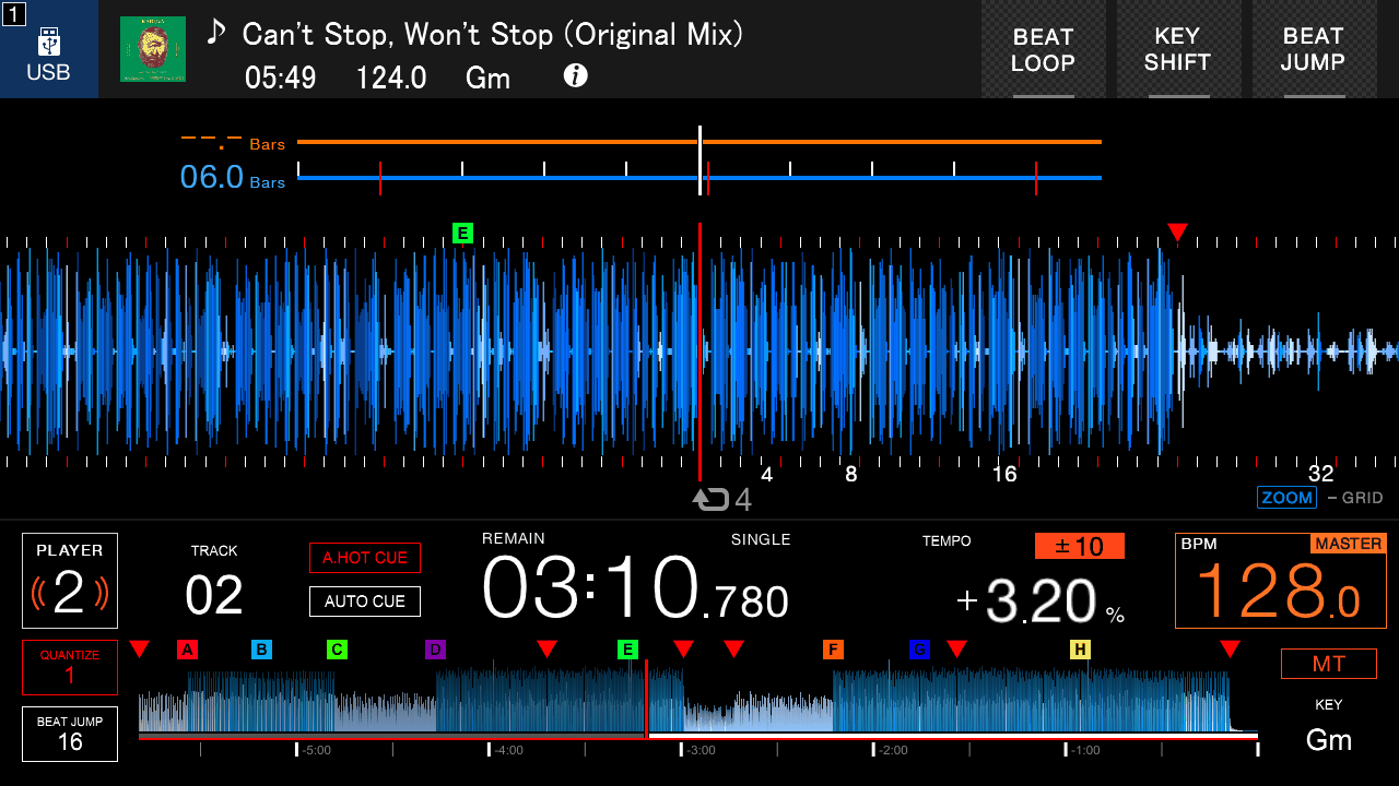 The CDJ-3000 waveform screen with MT (master tempo) lit and the tempo at +3.20%