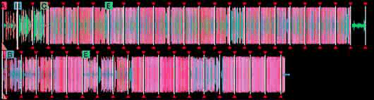 Grid lines and cue points drawn over a rekordbox waveform