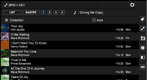 rekordbox's BPM + KEY related tracks list, showing tracks near the playing one's tempo and key