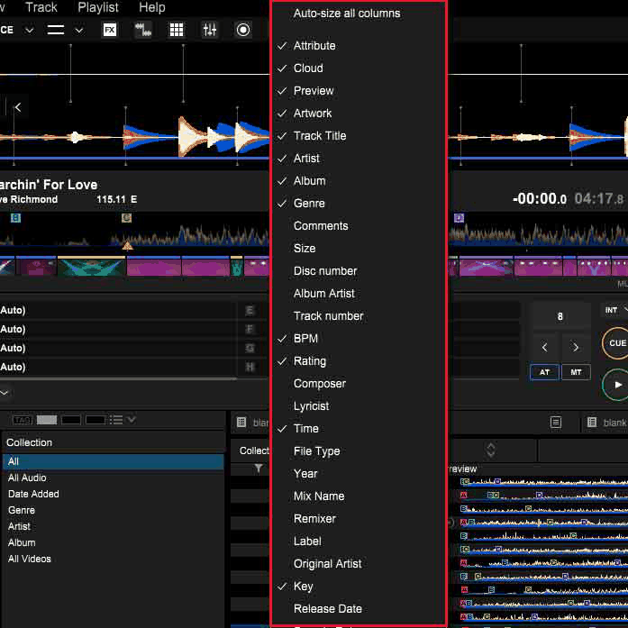 rekordbox's column menu, with BPM, Key, Rating and Comments ticked