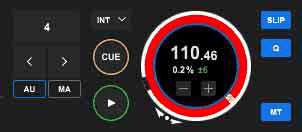 A rekordbox deck panel showing the BPM, tempo range, Q for quantize and MT for master tempo