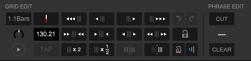 rekordbox's GRID EDIT panel: BPM, shift, halve and double, tap and lock