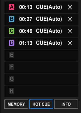 rekordbox's hot cue list with four auto-set cues and Memory, Hot Cue and Info tabs