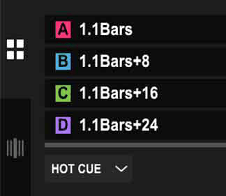 Four hot cues in rekordbox labelled 1.1Bars, 1.1Bars+8, +16 and +24