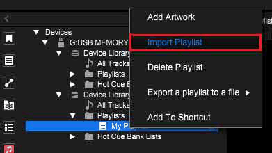 Right-clicking a playlist on a USB device in rekordbox, with Import Playlist highlighted