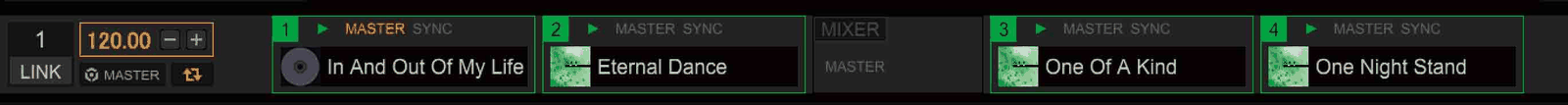 rekordbox's LINK bar showing four players and the tracks loaded on each
