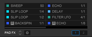 A pad FX list: Sweep, Slip Loop, Backspin, Echo, Delay, Filter LFO