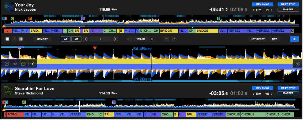 Two rekordbox decks with phrase labels along the waveforms