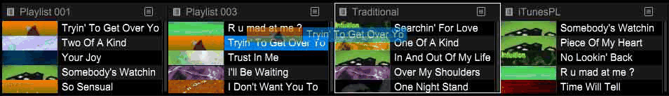 rekordbox's playlist palette showing several playlists side by side