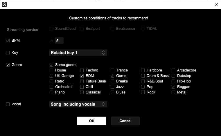 rekordbox's related-tracks conditions dialog: BPM within ±5, related key 1, same genre