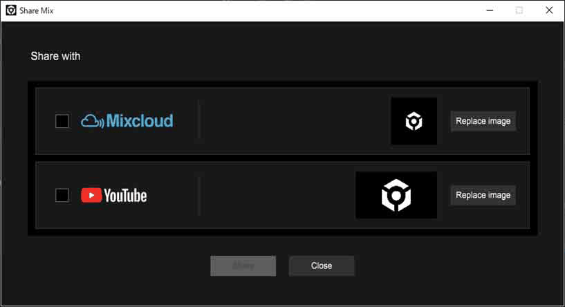 rekordbox's Share Mix dialog with Mixcloud and YouTube options