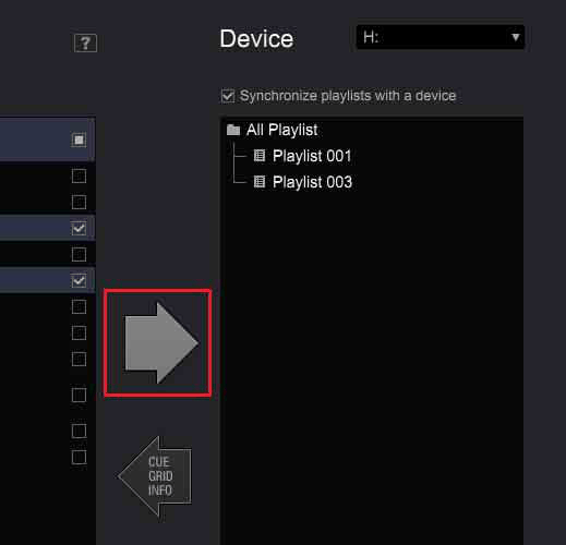 rekordbox's Device panel with Synchronize playlists with a device ticked and two playlists selected
