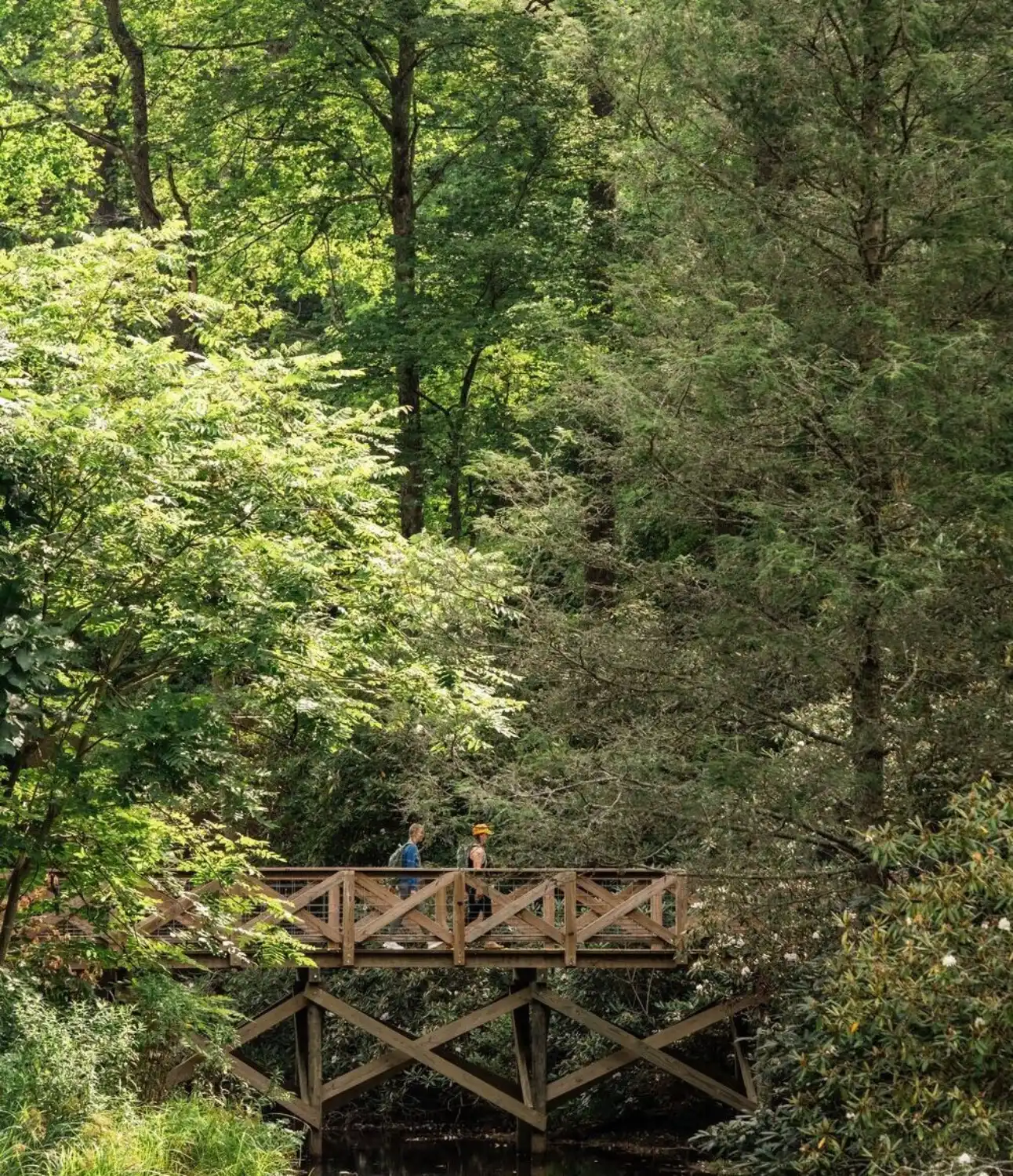Two Women Hiking Across Bridge