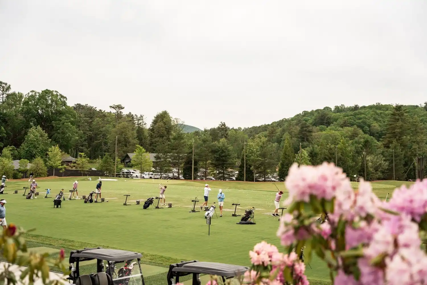 Wide Shot of Multiple Golfers at the Driving Range