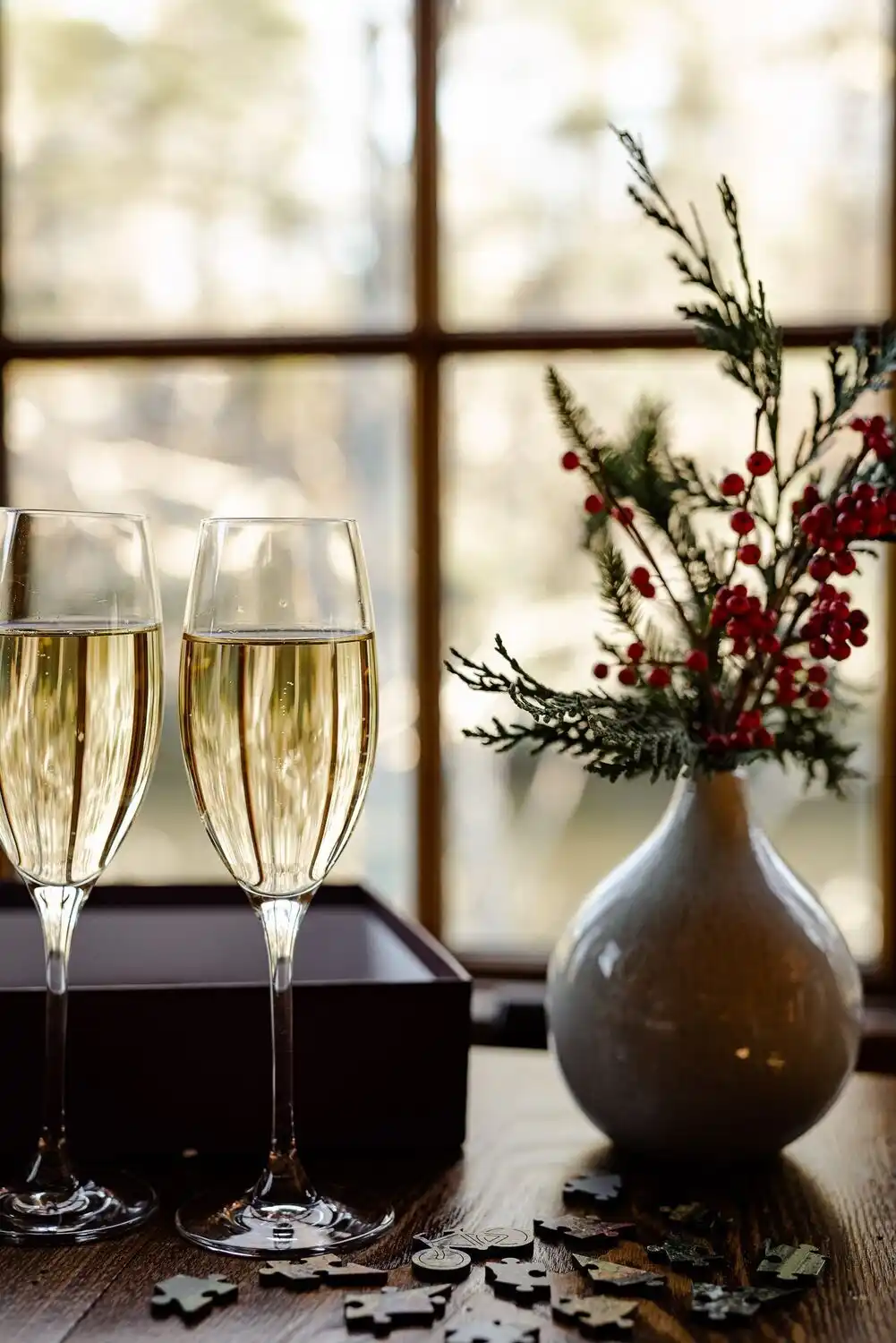 Two champagne glasses with greenery