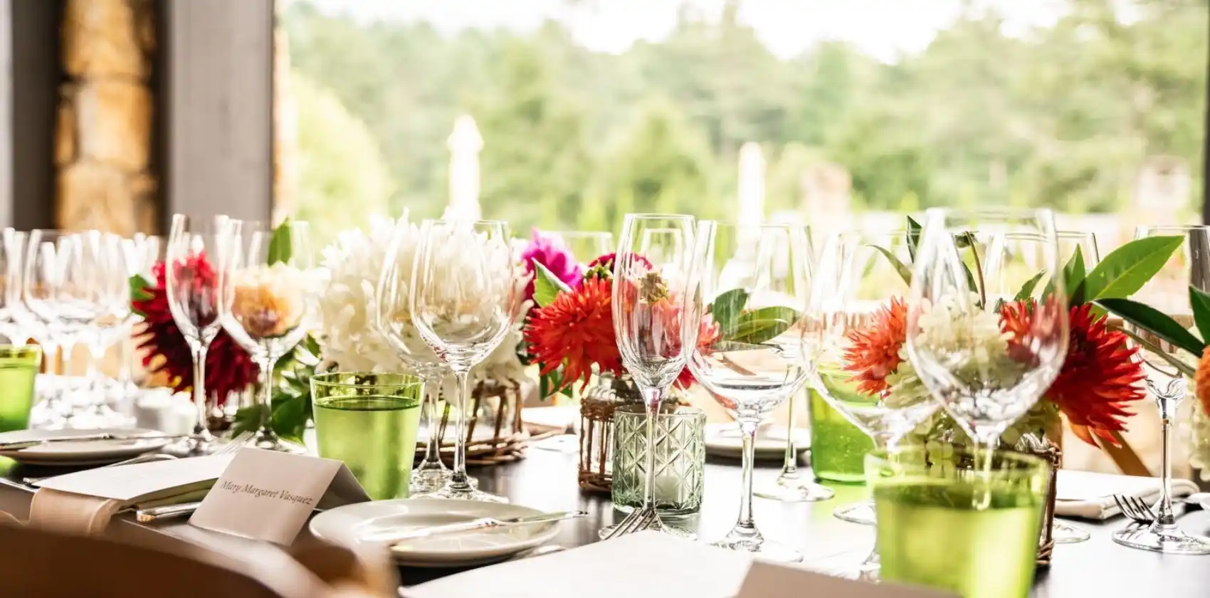 Table set with fresh dahlias