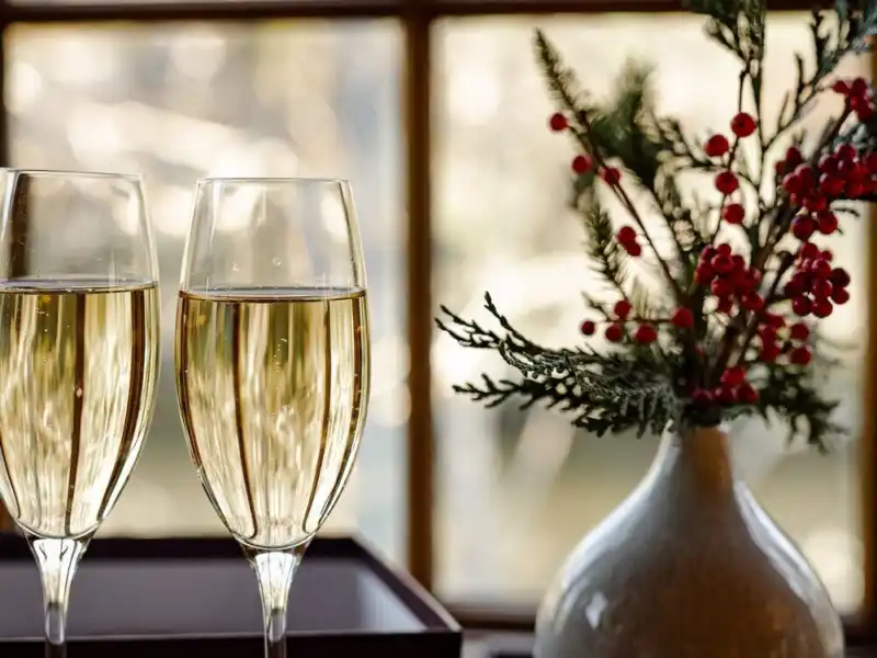 Two champagne glasses with greenery