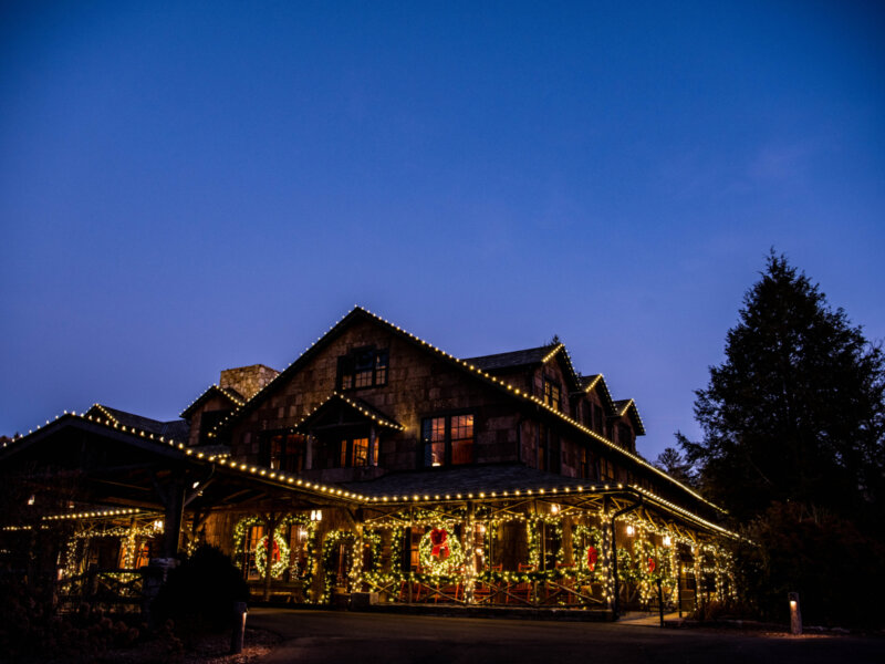 High Hampton's historic Inn decked for Christmas with lights, pictured at dusk