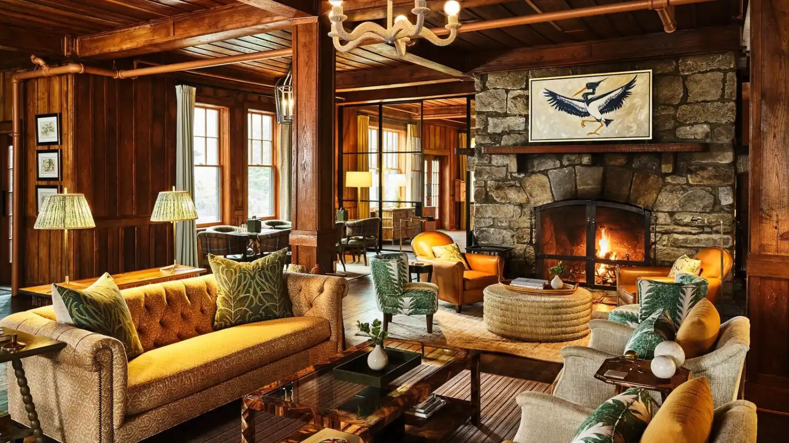 High Hampton Lobby Couches and Lit Fireplace