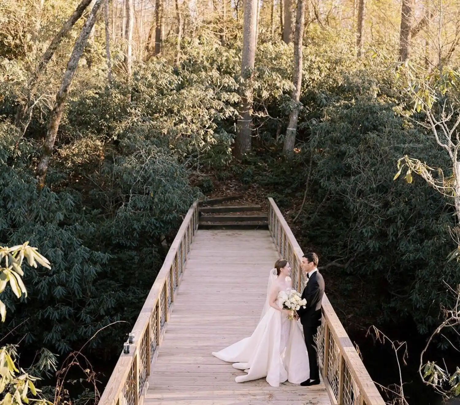 Candid Photo of Bride and Groom on Bridge