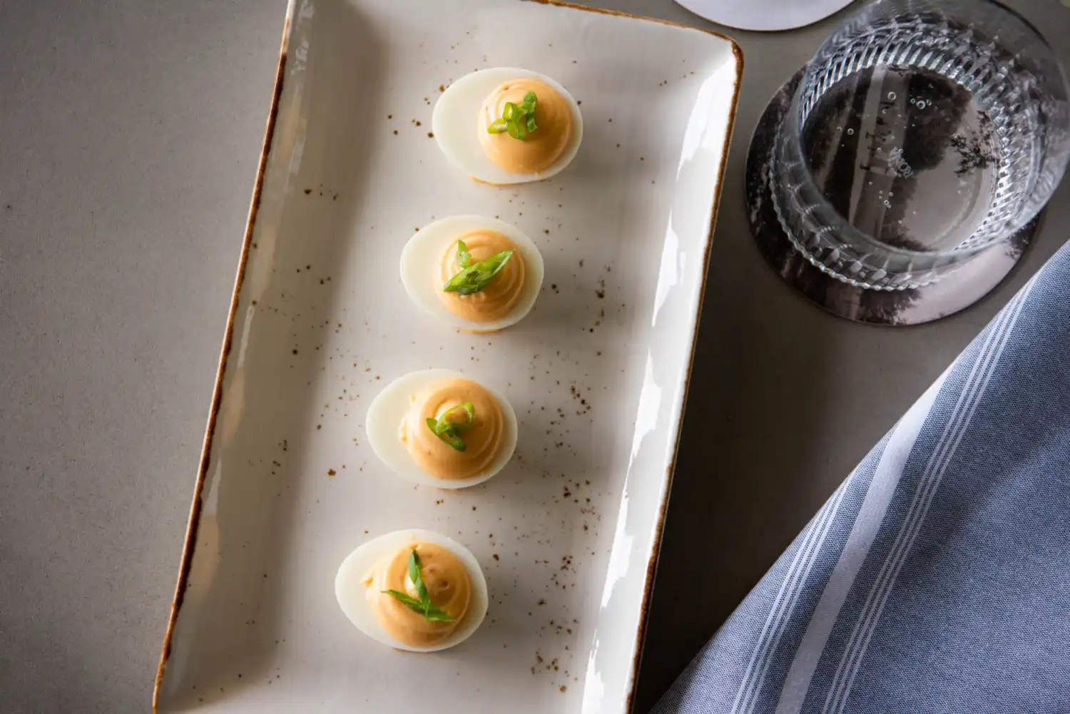 Gourmet deviled eggs on a serving tray