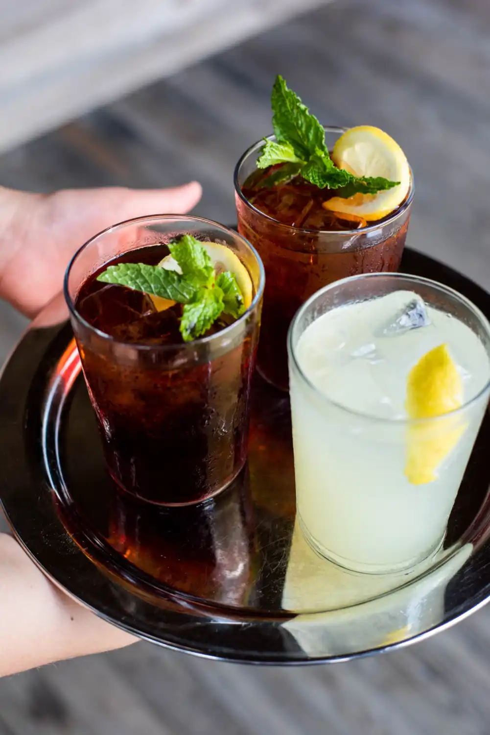 Frosty cocktails on a serving platter