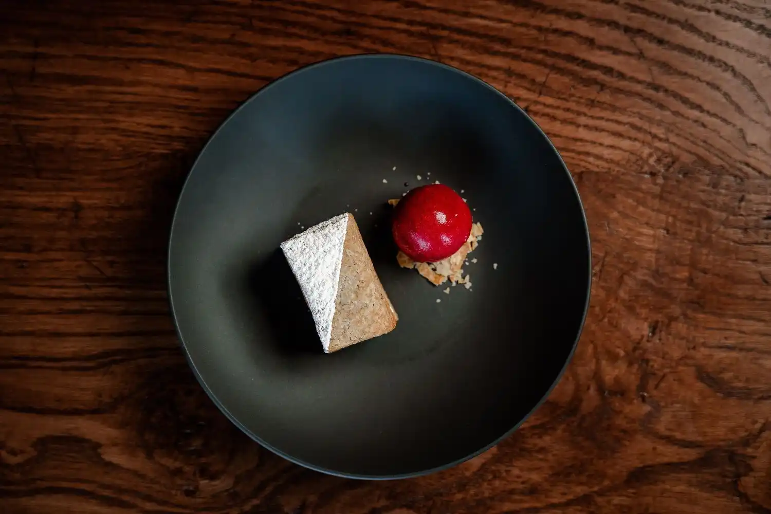 An overview of a gourmet dessert cake and sorbet
