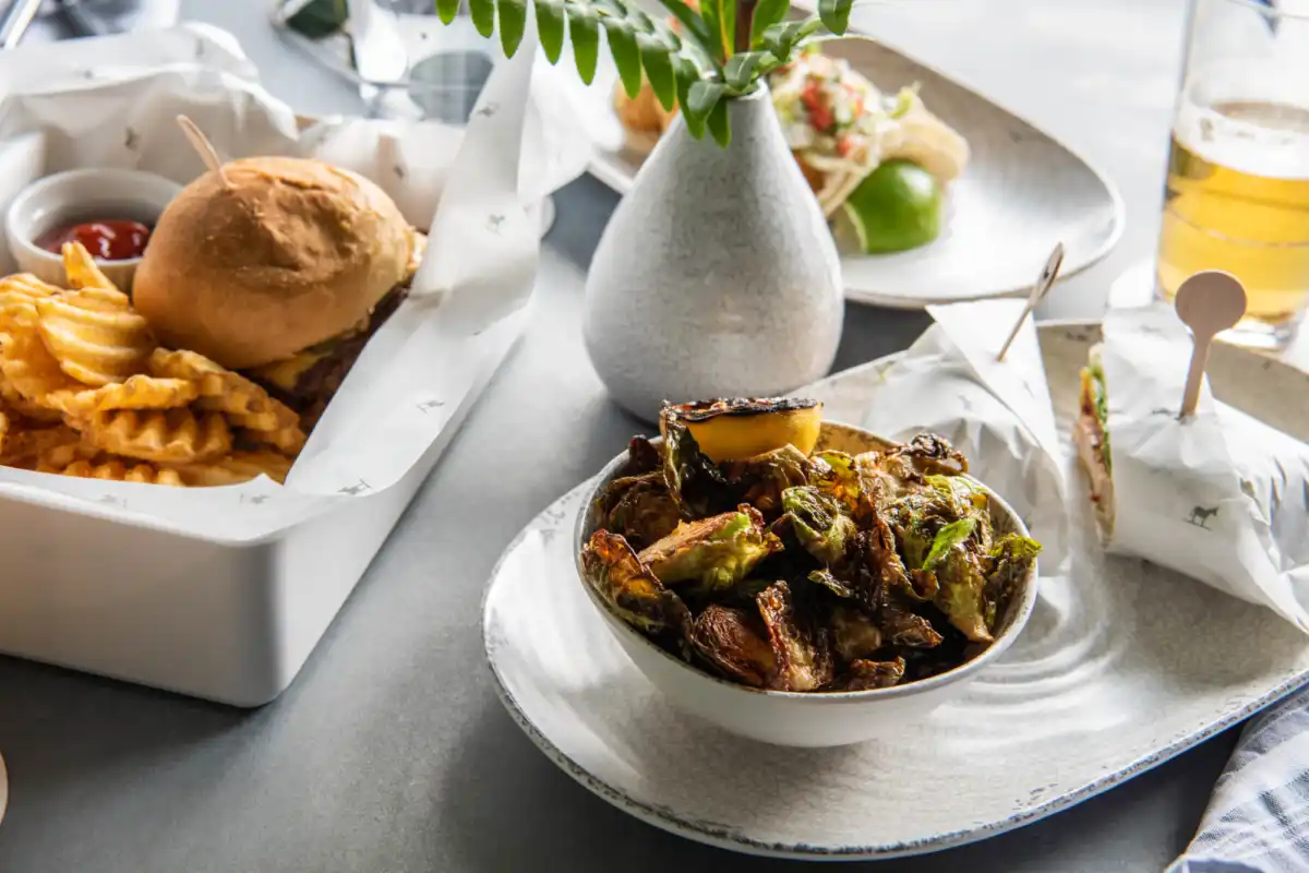 Lunch food and drinks on a table